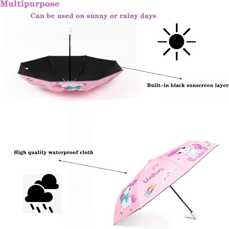 Kids Automatic Folding Umbrella Uv Resistant Travel Umbrella Button Open-close Cartoon Printing Anti-rebound Design Umbrella Portable Water - Windproof Umbrella for Kids Girls, One Size - Image 4