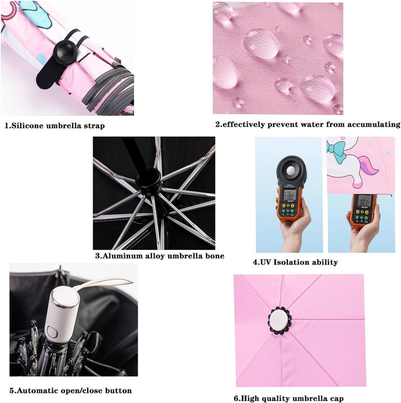 Kids Automatic Folding Umbrella Uv Resistant Travel Umbrella Button Open-close Cartoon Printing Anti-rebound Design Umbrella Portable Water - Windproof Umbrella for Kids Girls, One Size - Image 3