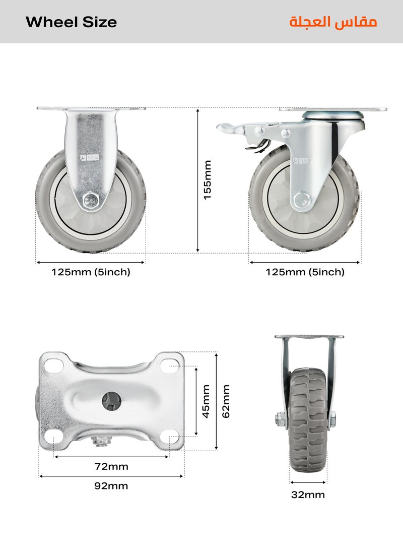BMB tools 2-Piece Grey Caster - Rigid /125mm - With 2-Piece Grey Caster - Swivel with Brake /125mm - Image 2