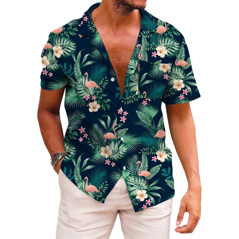 KYKU Men's Hawaiian Shirts Vacation Button Up Shirt Flamingo, Green, Large - Image 1