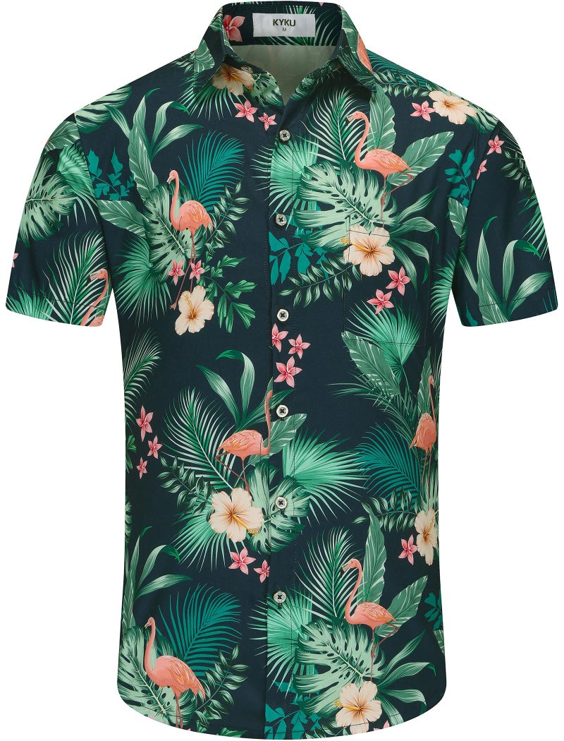 KYKU Men's Hawaiian Shirts Vacation Button Up Shirt Flamingo, Green, Large - Image 5