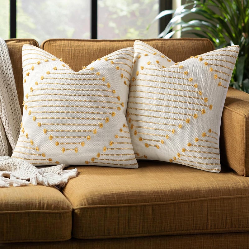Mecatny Boho Outdoor Throw Pillow Covers 20X20 Set of 2, Farmhouse Decorative Pillow Covers for Couch Sofa Living Room, Yellow & White - Image 1