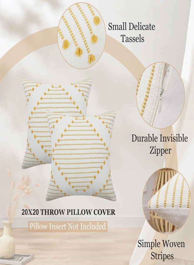 Mecatny Boho Outdoor Throw Pillow Covers 20X20 Set of 2, Farmhouse Decorative Pillow Covers for Couch Sofa Living Room, Yellow & White - Image 4