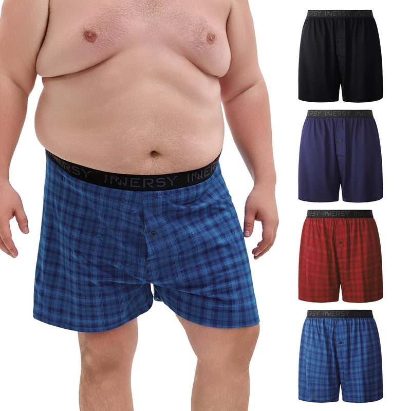 INNERSY Big and Tall Cotton Boxers for Men Moisture Wicking Loose Fit Underwear 4-Pack(Classic Plaids,4X) - Image 1