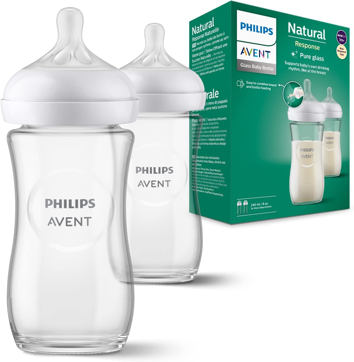 Philips Avent Natural Response Glass Baby Bottles 8oz/240 ml with Medium Flow Teats, 2 Pack