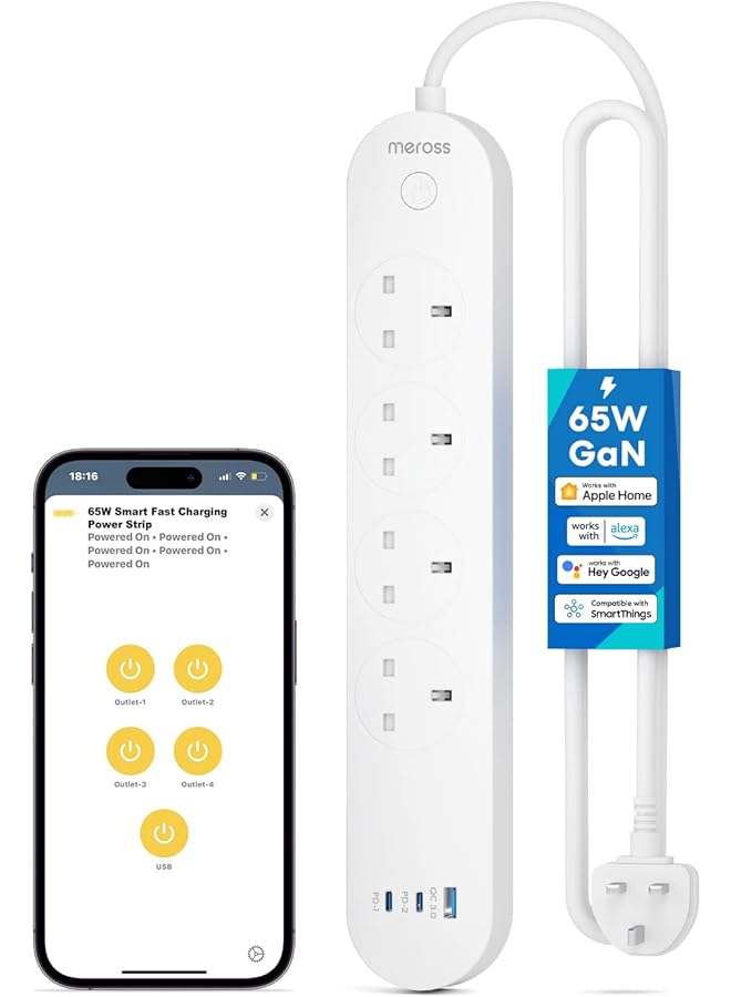 meross Meross Smart Power Strip, 65W GaN Fast Charger, 4 Outlet + 2 USB C + 1 USB A, WiFi Plug with 2 PD Ports, Support Apple HomeKit, Alexa, Google Home and SmartThings, Voice/Remote Control, 2.4GHz Only  - Image 1