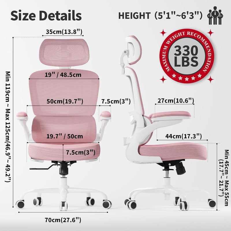 TRALT Ergonomic Office Chair - Desk Chair with Mesh PU Leather Gaming Chair - Computer Chair Comfy Adjustable Lumbar Support Executive Office Chair High Back for Adults Home Office (Pink) - Image 2