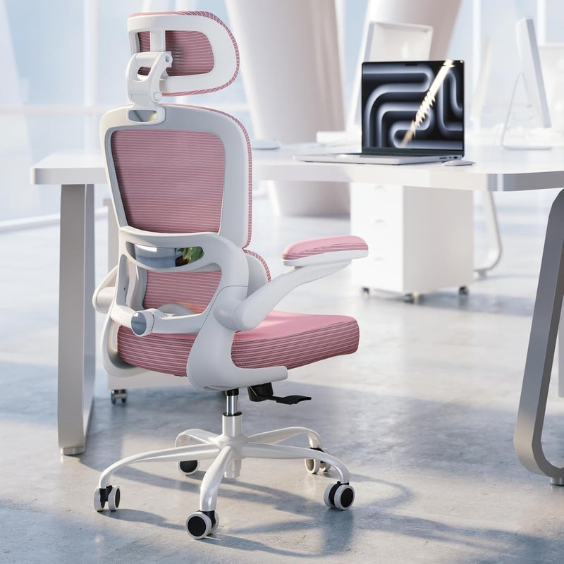 TRALT Ergonomic Office Chair - Desk Chair with Mesh PU Leather Gaming Chair - Computer Chair Comfy Adjustable Lumbar Support Executive Office Chair High Back for Adults Home Office (Pink) - Image 1