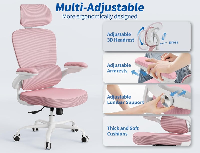 TRALT Ergonomic Office Chair - Desk Chair with Mesh PU Leather Gaming Chair - Computer Chair Comfy Adjustable Lumbar Support Executive Office Chair High Back for Adults Home Office (Pink) - Image 4