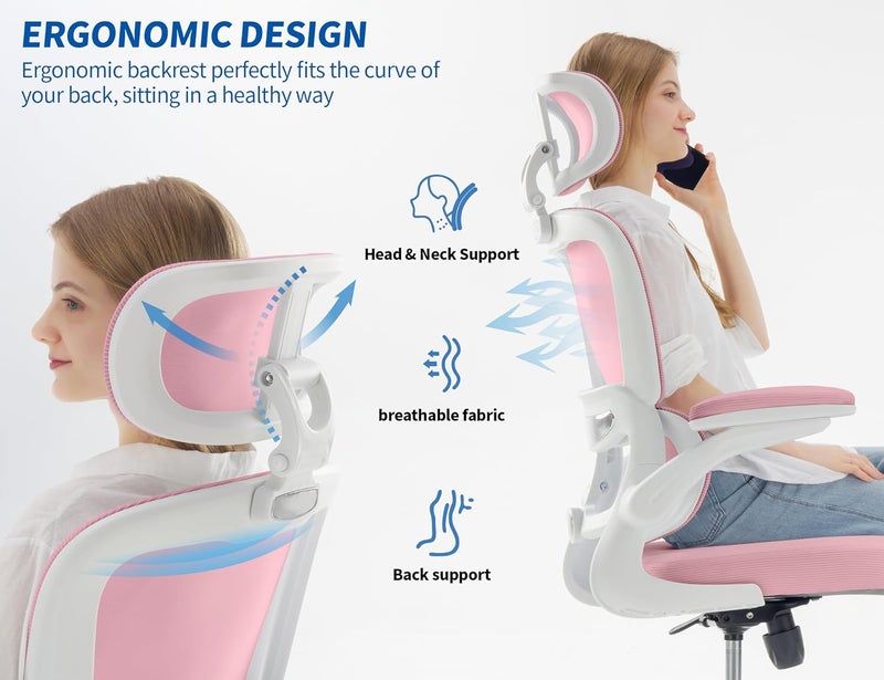 TRALT Ergonomic Office Chair - Desk Chair with Mesh PU Leather Gaming Chair - Computer Chair Comfy Adjustable Lumbar Support Executive Office Chair High Back for Adults Home Office (Pink) - Image 3