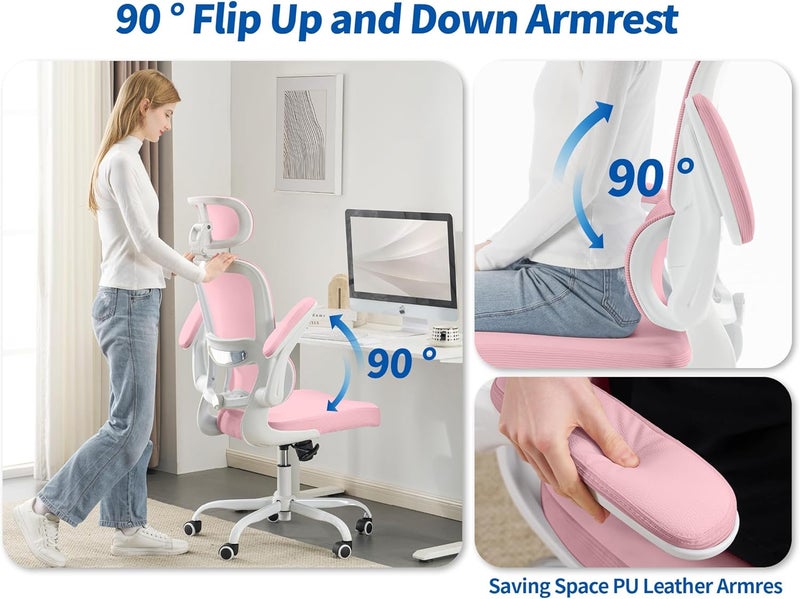 TRALT Ergonomic Office Chair - Desk Chair with Mesh PU Leather Gaming Chair - Computer Chair Comfy Adjustable Lumbar Support Executive Office Chair High Back for Adults Home Office (Pink) - Image 5