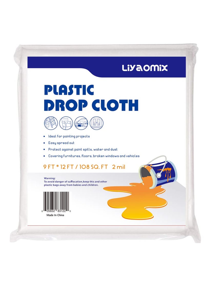 Liyaomix Liyaomix 1 Pack 2 Mil Plastic Drop Cloth for Painting 9ft x 12ft Heavy Duty Plastic Painters Drop Sheet Waterproof Plastic Painting Tarp for Floor Covering 