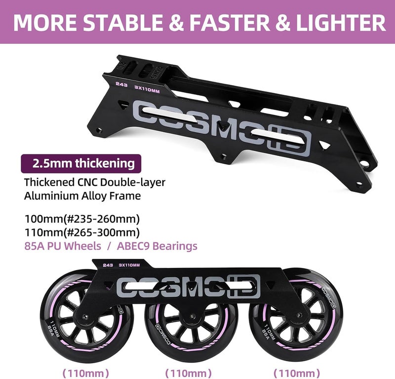 COSMOID High Performance Adult Inline Skates - 3 Wheels 110mm Metal Frame, Black, Size 5-14.5 - Image 3