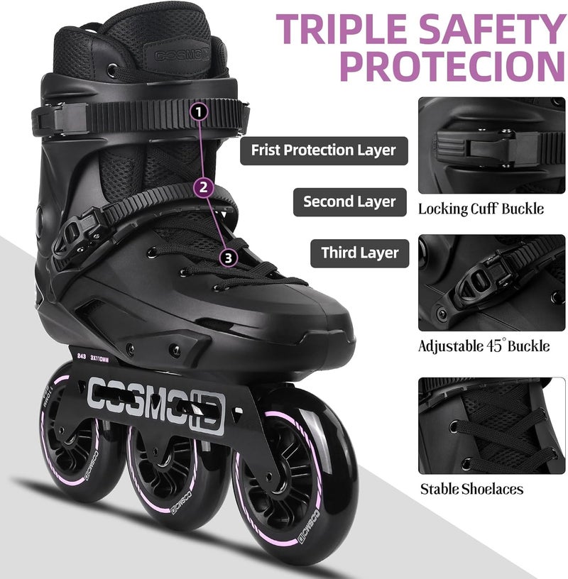 COSMOID High Performance Adult Inline Skates - 3 Wheels 110mm Metal Frame, Black, Size 5-14.5 - Image 4