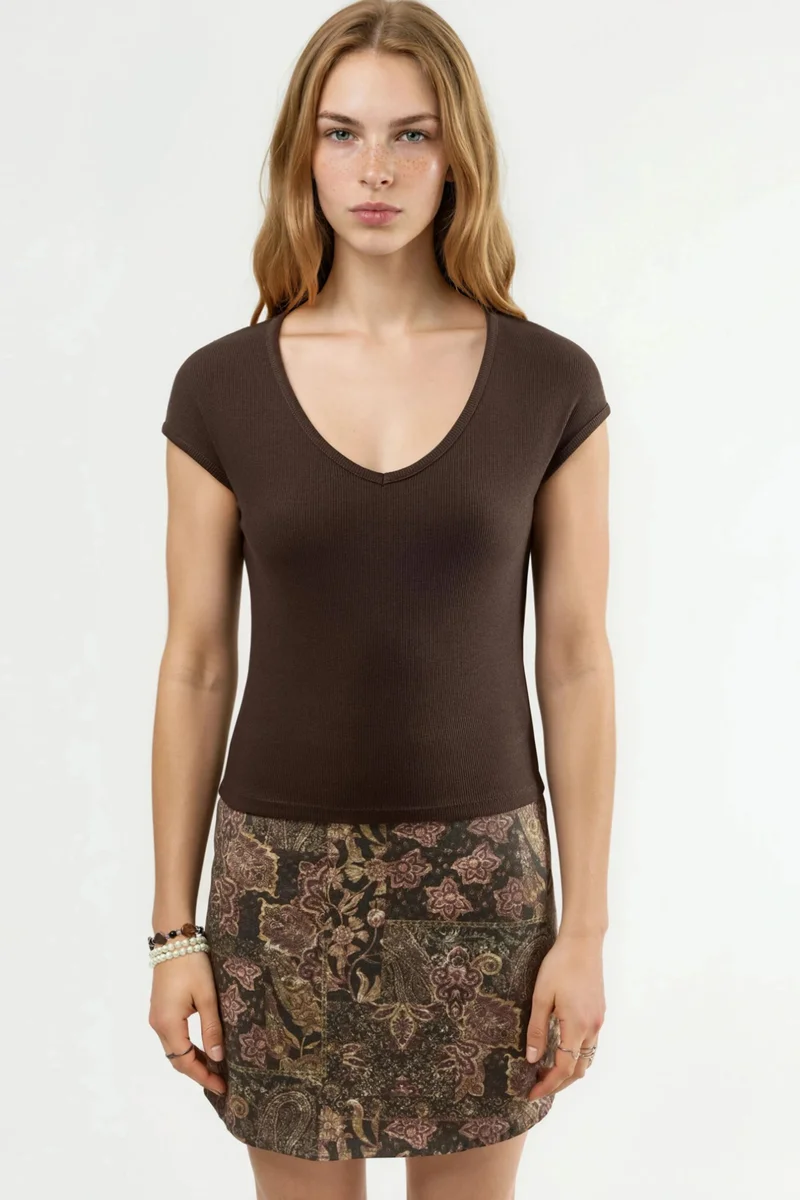Busem Coffee Brown BUSEM V-Neck Ribbed Blouse for Women | Best Price UAE