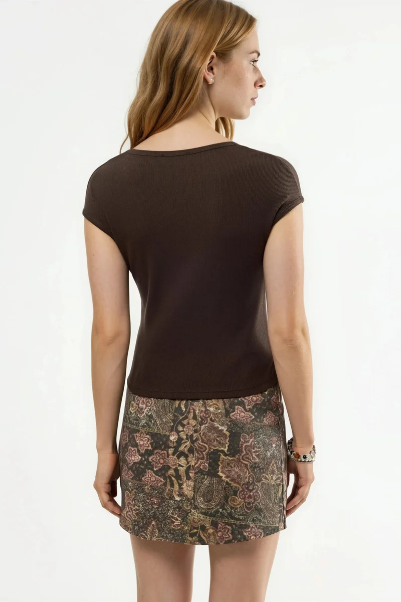 Busem Coffee Brown BUSEM V-Neck Ribbed Blouse for Women | Best Price UAE