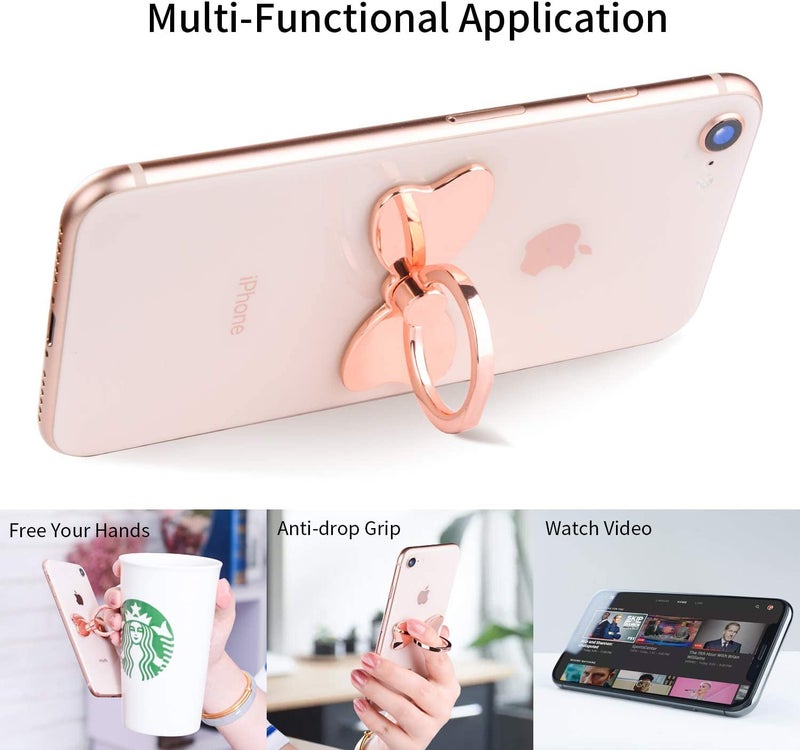 KolorFish Bow Shape Metal Mobile Phone Finger Ring Stability Holder Back Stand Collapsible Hand Grip Kickstand 360 for All Phones (Rose Gold) - Image 4