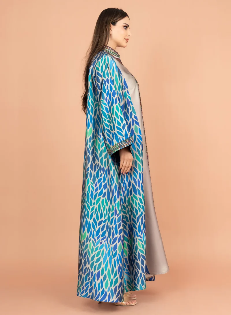 IKKXA Mandarin Collar Embroidered Jalabiya IK1013 Grey