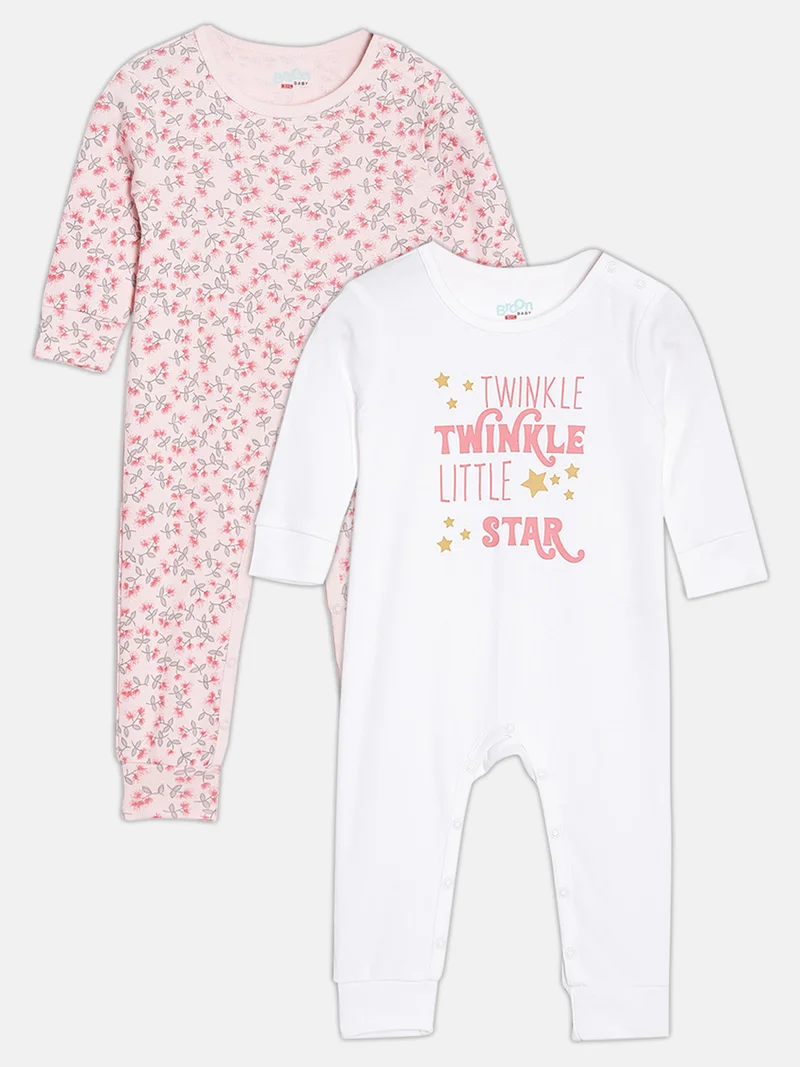 Broon Broon Infant Girls Pink and White Printed Organic Cotton Sleepsuit Pack of 2
