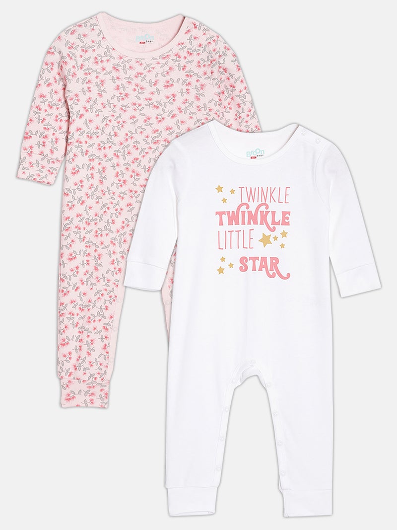 Broon Infant Girls Pink and White Printed Organic Cotton Sleepsuit Pack of 2 - Image 1