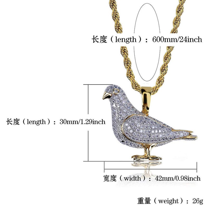 JAJAFOOK Iced Out Pigeon Pendant Necklace, 14K Gold Plated Mens Hip Hop Jewelry, Hand-Set CZ Diamond Animal Charm with 24 Inch Rope Chain - Image 3