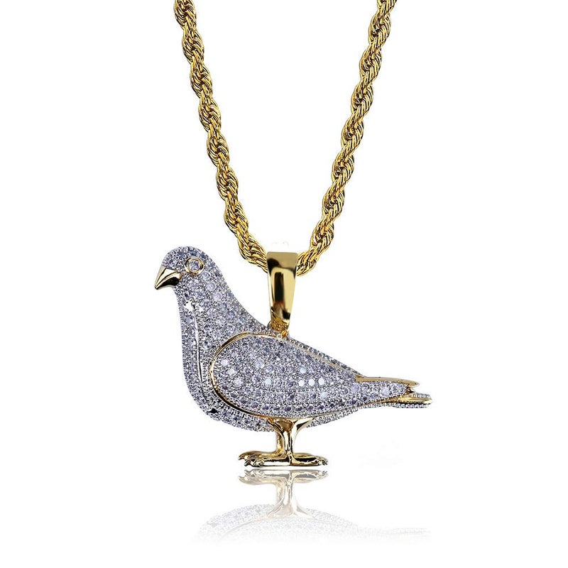 JAJAFOOK Iced Out Pigeon Pendant Necklace, 14K Gold Plated Mens Hip Hop Jewelry, Hand-Set CZ Diamond Animal Charm with 24 Inch Rope Chain - Image 4