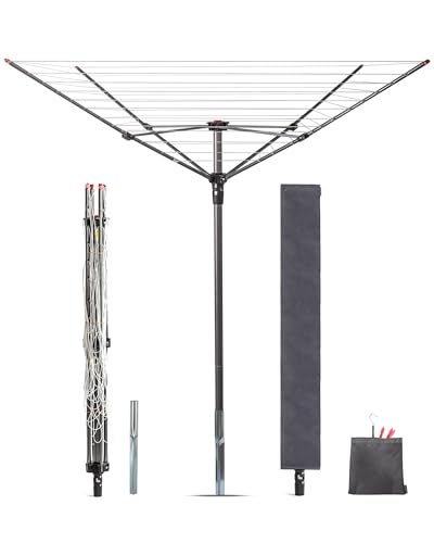 STORAGE MANIAC Outdoor Umbrella Drying Rack 12 Lines with 164 Feet Drying Space Steel Frame  Adjustable Height 4arm Umbrella Clothesline for Laundry Collapsible Clothes Drying Rack for Backyard