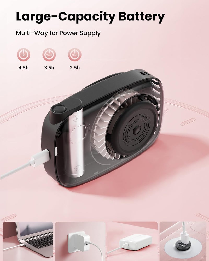 Gaiatop Mini Neck Fan, Rechargeable LED Power Display 3 Speed 360°Rotate Lash Makeup Mirror Cute Camera Design, Small Portable USB Handheld Desk Fans Personal Cooling Travel Essentials Black - Image 5