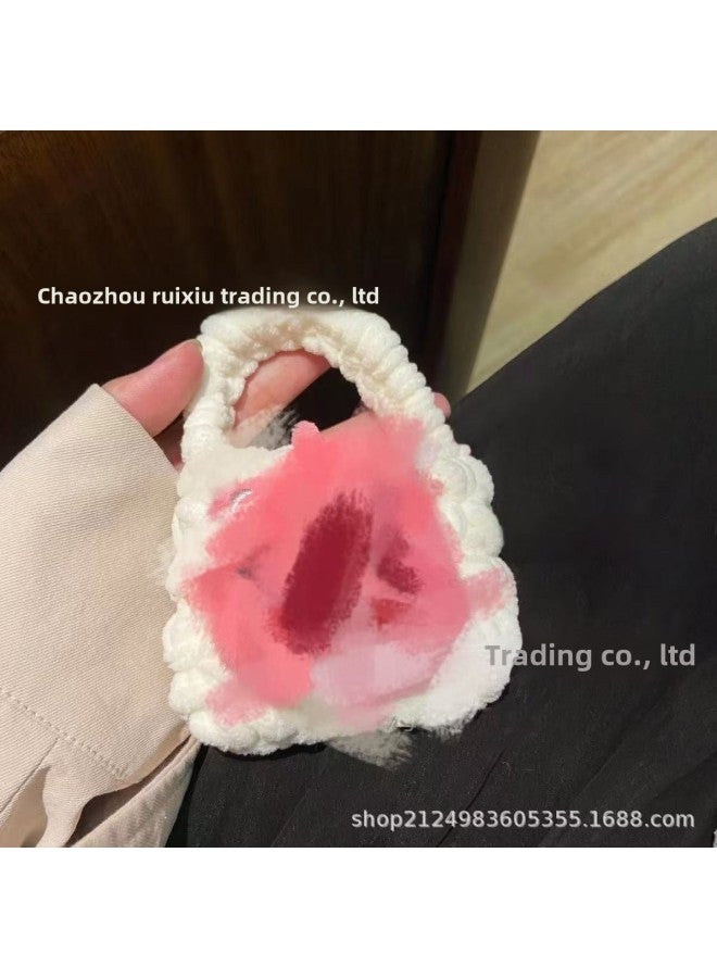 Pink Cute Cyber Red Bear Lion Wake Flower Plush Hand-woven Drop-resistant Headphone Bag Bluetooth Headphone Protective Cover Finished Product-Color:Milky White  - Image 1