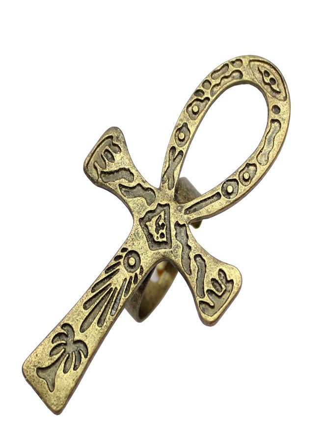 RechicGu Vintage Golden Egyptian Ancient Ankh Key of Life Cross Ring Cleopatra Adjustable Band Ankara Hieroglyphic Carved Symbol of Protection Amulet Jewelry - Image 1