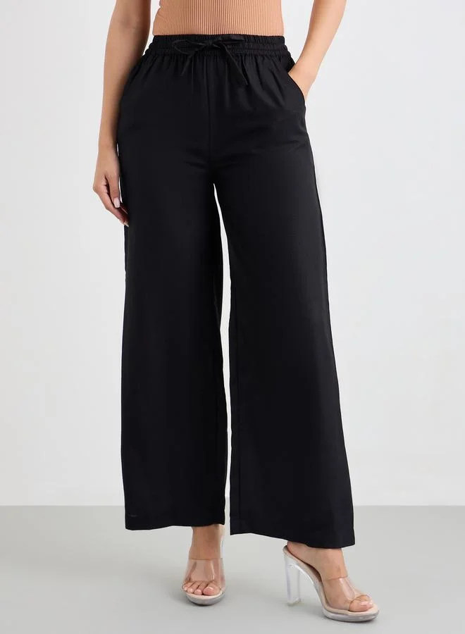 Styli Styli Linen Look Wide Leg Pants with Drawstring