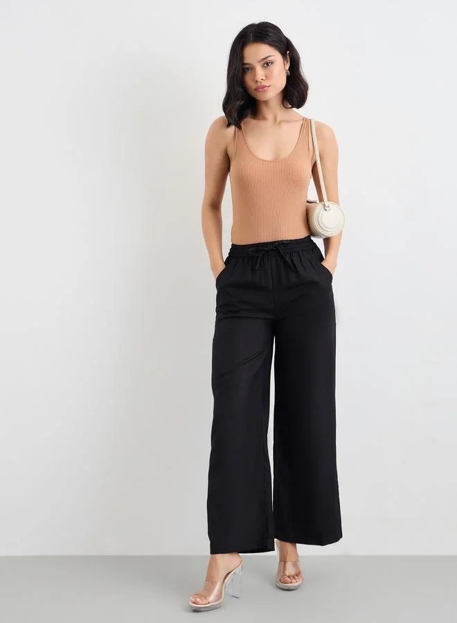 Styli Styli Linen Look Wide Leg Pants with Drawstring