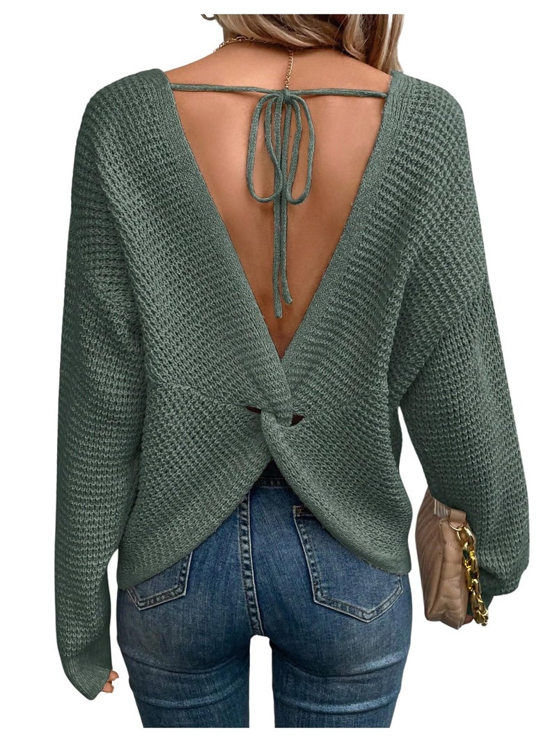 Verdusa Women's Open Back Sweater Waffle Pullover Knit Tops Twist Tie Cropped Sweaters Dailywear Green Large - Image 1