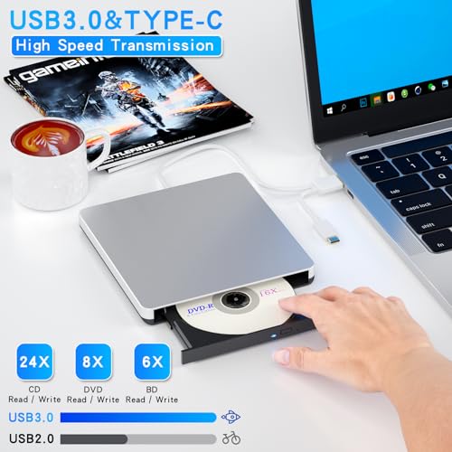 Dainty External Compatible with Bluray Drive Compatible with Reading DVD CD BD Drive, Suitable for USB3.0 and Type-C Port, Windows XP/7/8/10/11MacOS PC, Silent and high Speed - Image 2