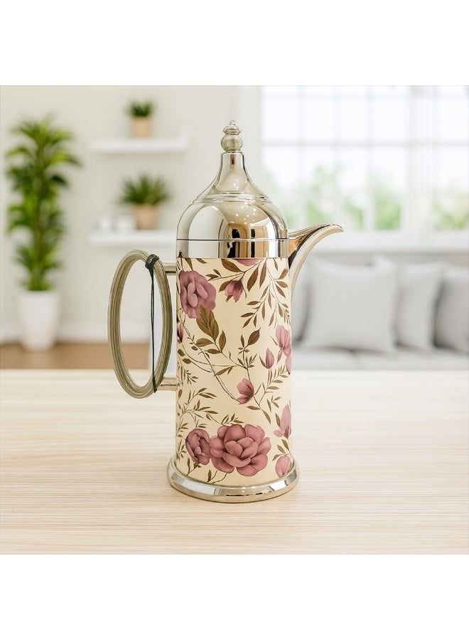 ثلاجة ترمس ضيافة فاخر بنقشة الورد دلة قهوة وشاي عازلة للحرارة بتصميم عصري 0.8 ليتر - Image 2