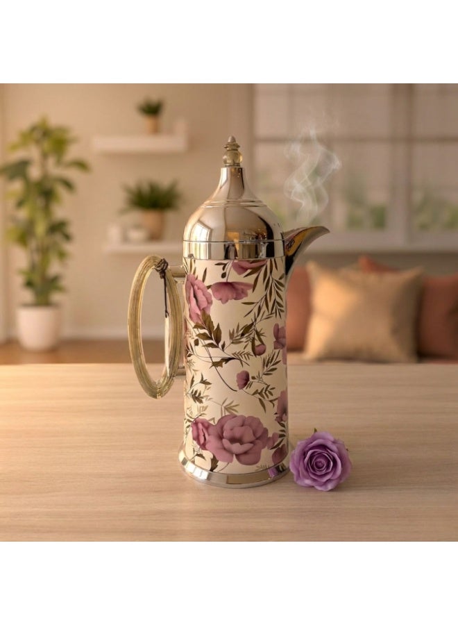 ثلاجة ترمس ضيافة فاخر بنقشة الورد دلة قهوة وشاي عازلة للحرارة بتصميم عصري 0.8 ليتر - Image 1