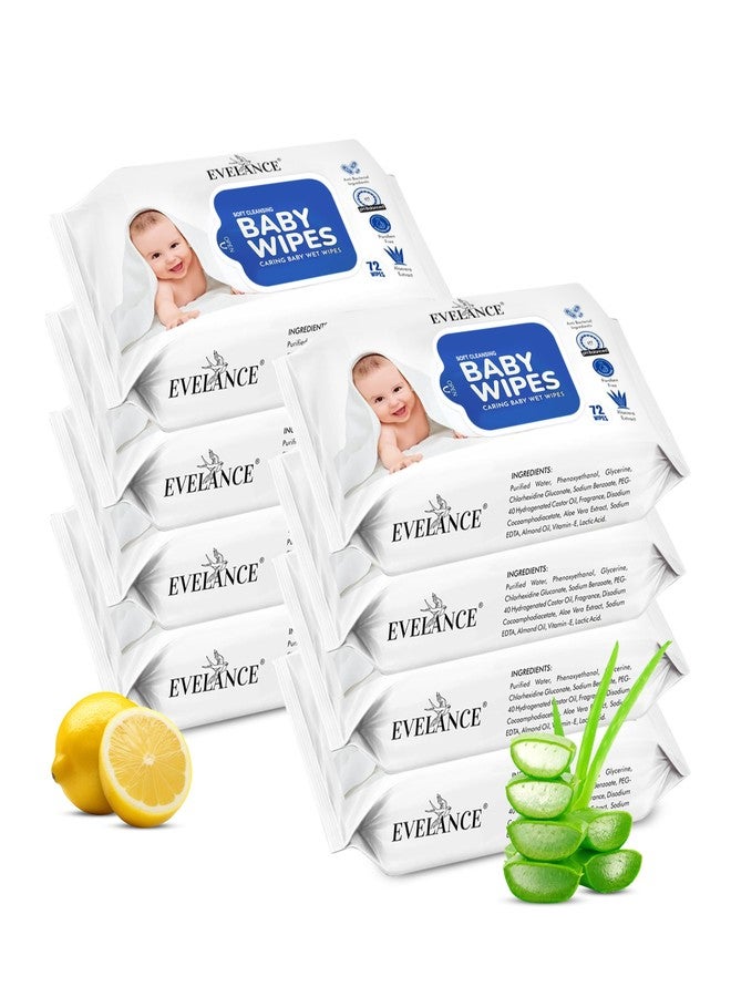 EVELANCE Soft Cleansing Baby Wet Wipes (Pack of 8) 72 Wipes Each, Daily Use Wipe Enriched with Glycerine, Aloe Vera, Lemon, 98% Water, For New Born Babies and Kids - Image 1