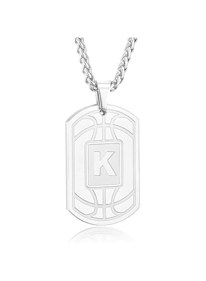 Basketball Initial Necklace for Men Boys Teen Kids Dog Tag Stainless Steel Sliver/Black/Gold Letter Pendant Sport Basketball Athletes Jewelry Gifts  Gifts for Kids Boys Men Teens  - Image 1