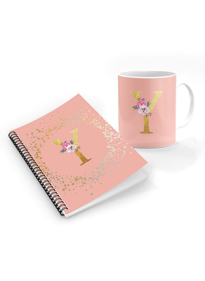 Stylizedd - Stylizedd Designer Printed Coffee Mug + A5 Spiral Notebook Memo Notepad Journal Personalised Combo Gift Set  - Custom Monogram Initial Letter Floral Pattern Alphabet - Y  (Rose Pink ) - Image 1