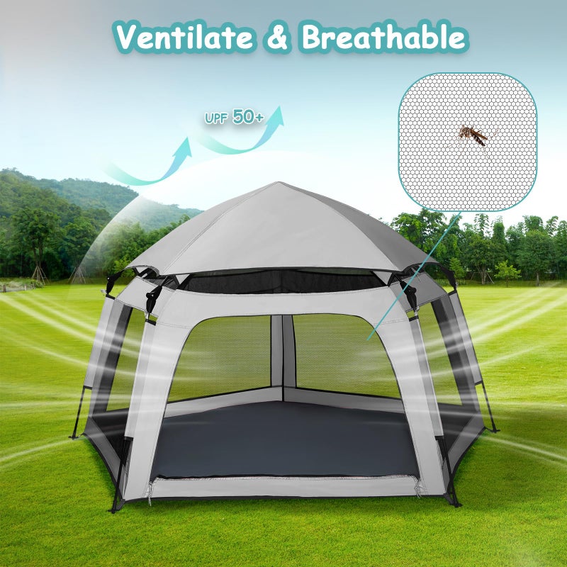 Funsland Baby Playpen Pop-up Tent - Outdoor & Indoor Play Tent for Beach with Canopy Travel Bag Portable Play Yard for Babies & Toddlers (Gray) - Image 4