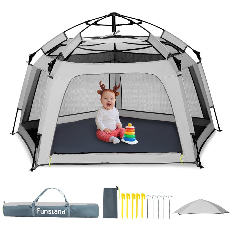 Funsland Baby Playpen Pop-up Tent - Outdoor & Indoor Play Tent for Beach with Canopy Travel Bag Portable Play Yard for Babies & Toddlers (Gray) - Image 1