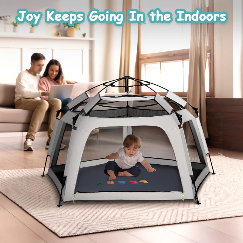 Funsland Baby Playpen Pop-up Tent - Outdoor & Indoor Play Tent for Beach with Canopy Travel Bag Portable Play Yard for Babies & Toddlers (Gray) - Image 5