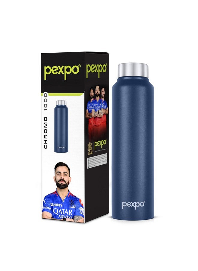 PEXPO Chromo Pro 1000 ISI Certified Stainless Steel Sports/Fridge Water Bottle, 950ml, Denim Blue | BPA Free |Water Bottle for Office, Gym, School, Yoga, Trekking, Men, Women and Kids| RCB Edition - Image 1