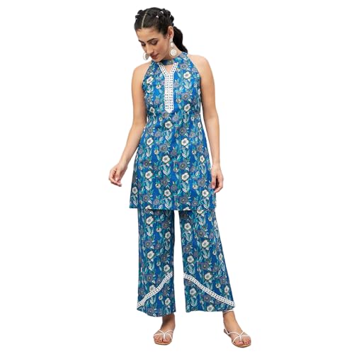 WineRed Woman Blue Floral with Lace Co-Ord Set - Image 1