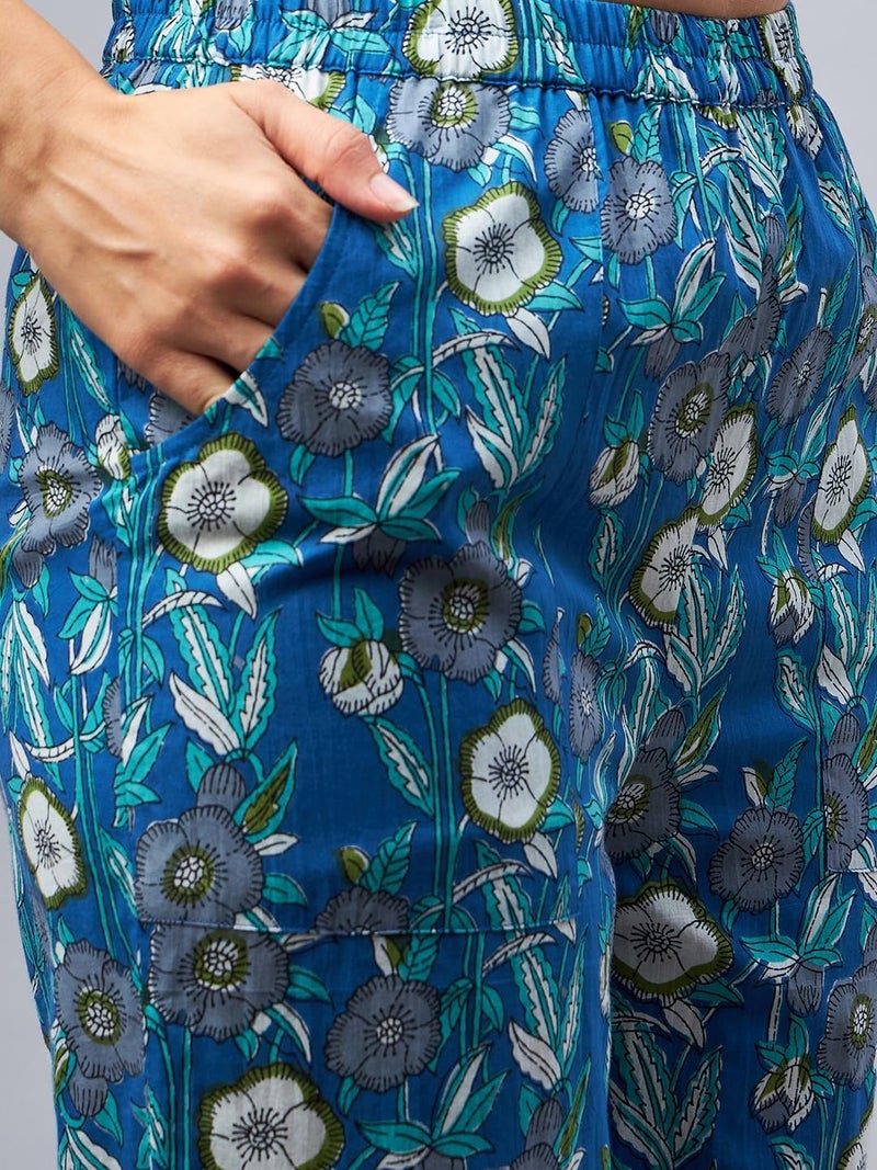 WineRed Woman Blue Floral with Lace Co-Ord Set - Image 5