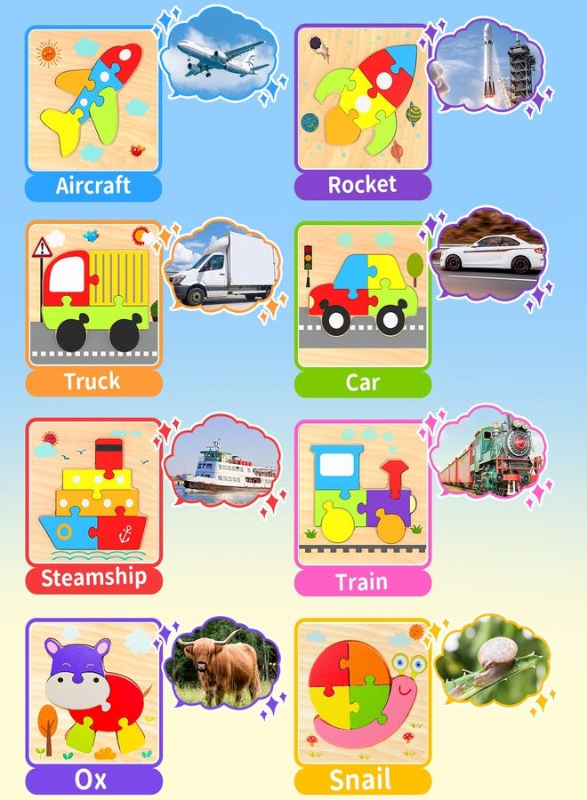 Oomloid Wooden Puzzles Toddler Toys for Boys Girls, 8 Vehicle Shape Learning Educational Blocks Birthday Gifts Sensory Toy Montessori Toys - Image 4