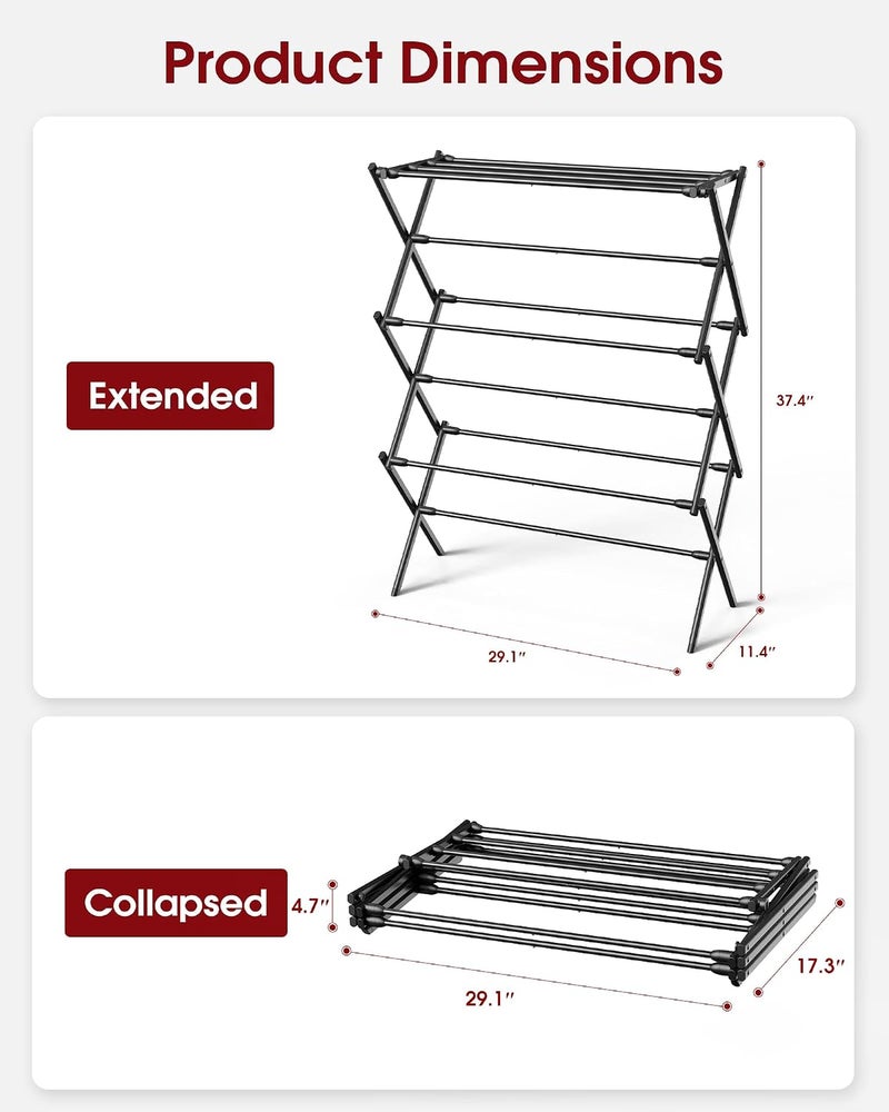 Sakugi Foldable Clothes Drying Rack – Metal Laundry Drying Rack with Non-Slip Feet, 3-Tier Space-Saving Clothing Rack for Organization, Indoor & Outdoor Use, 11.4" D x 29.1" W x 37.4" H, Black - Image 3
