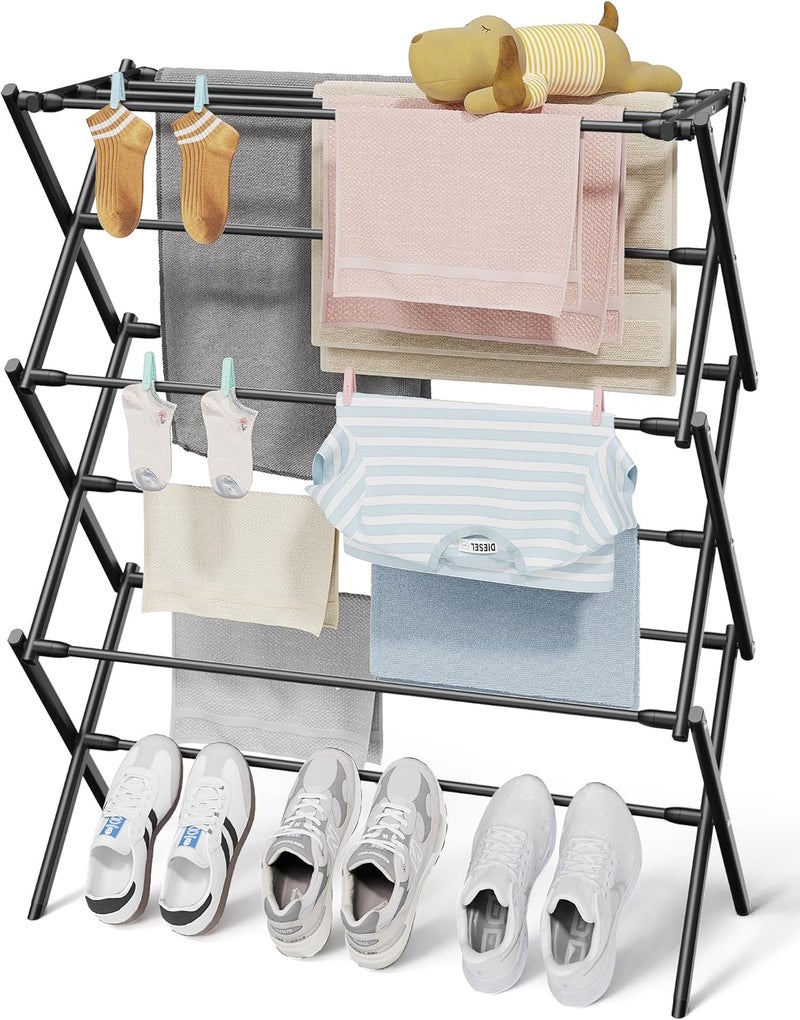 Sakugi Foldable Clothes Drying Rack – Metal Laundry Drying Rack with Non-Slip Feet, 3-Tier Space-Saving Clothing Rack for Organization, Indoor & Outdoor Use, 11.4" D x 29.1" W x 37.4" H, Black - Image 1