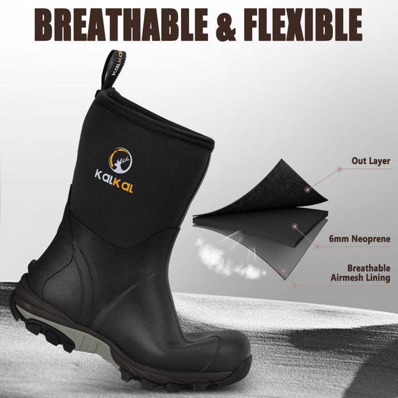 Kalkal Rubber Boots for Men, Waterproof Mid Calf Mens Rain Boots, 6mm Neoprene Insulated Mens Rubber Work Boots for Hunting Gardening Farming Fishing Mud Working, Size 7-14 - Image 4