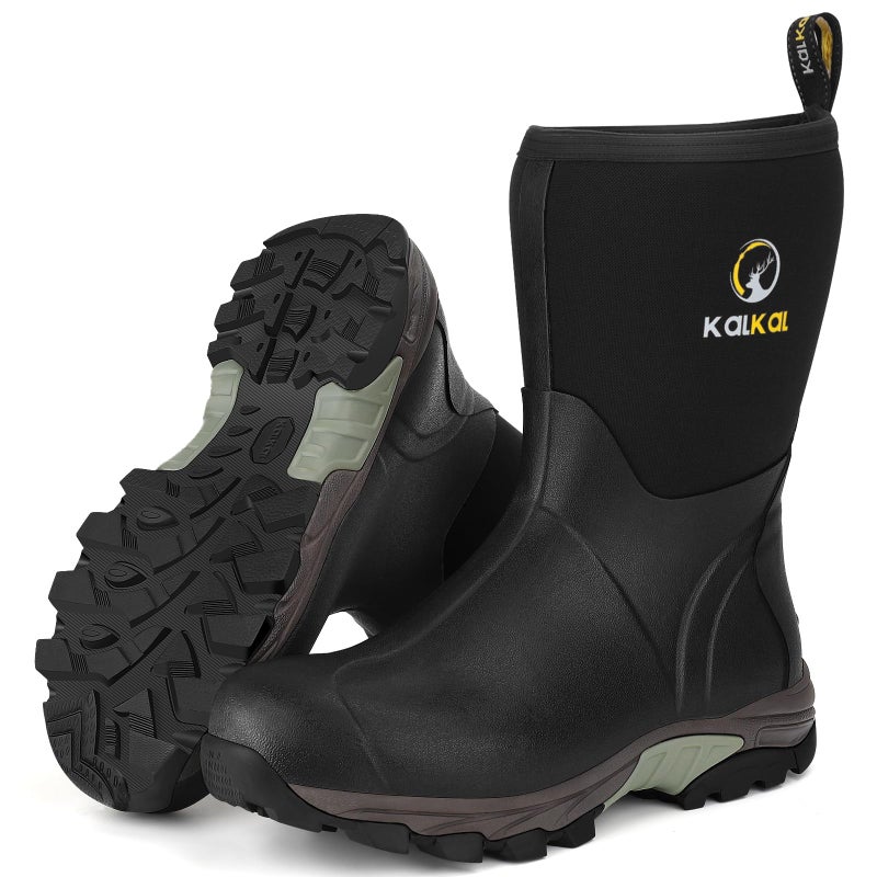 Kalkal Rubber Boots for Men, Waterproof Mid Calf Mens Rain Boots, 6mm Neoprene Insulated Mens Rubber Work Boots for Hunting Gardening Farming Fishing Mud Working, Size 7-14 - Image 1